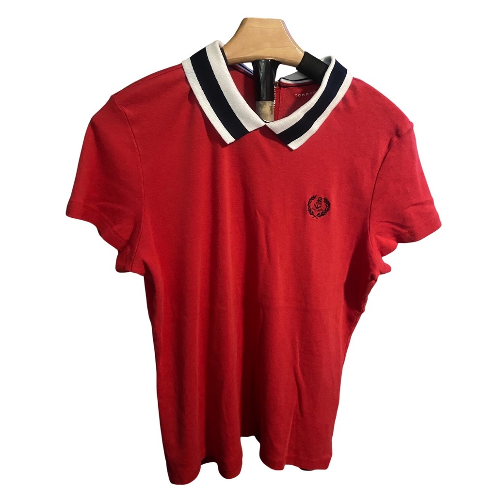 Tommy Hilfiger Womens Red‎ Polo Shirt Short Sleeve Tipped Collar Crest Logo M